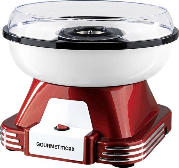 Zuckerwattemaschine in Rot und Weiß. Runde transparente Abdeckung. Ein Knopf auf der Vorderseite.