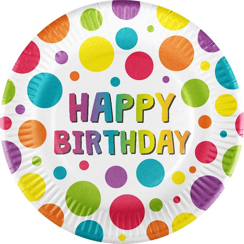 Pappteller mit bunten Punkten in verschiedenen Farben. Auf dem Teller steht 'Happy Birthday' in bunten Buchstaben.