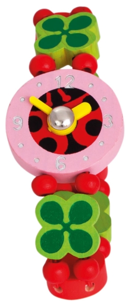 Bunte Kinderuhr mit pinkem Ziffernblatt. Armband aus Holzperlen in Rot, Grün und Gelb.