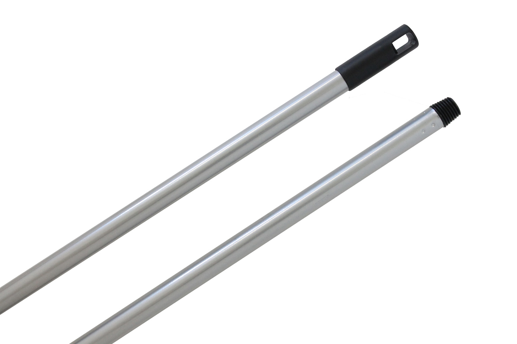 Zwei Aluminiumstangen, eine mit einem schwarzen Ende und eine mit einem Gewinde. Sie sind glatt und silberfarben.