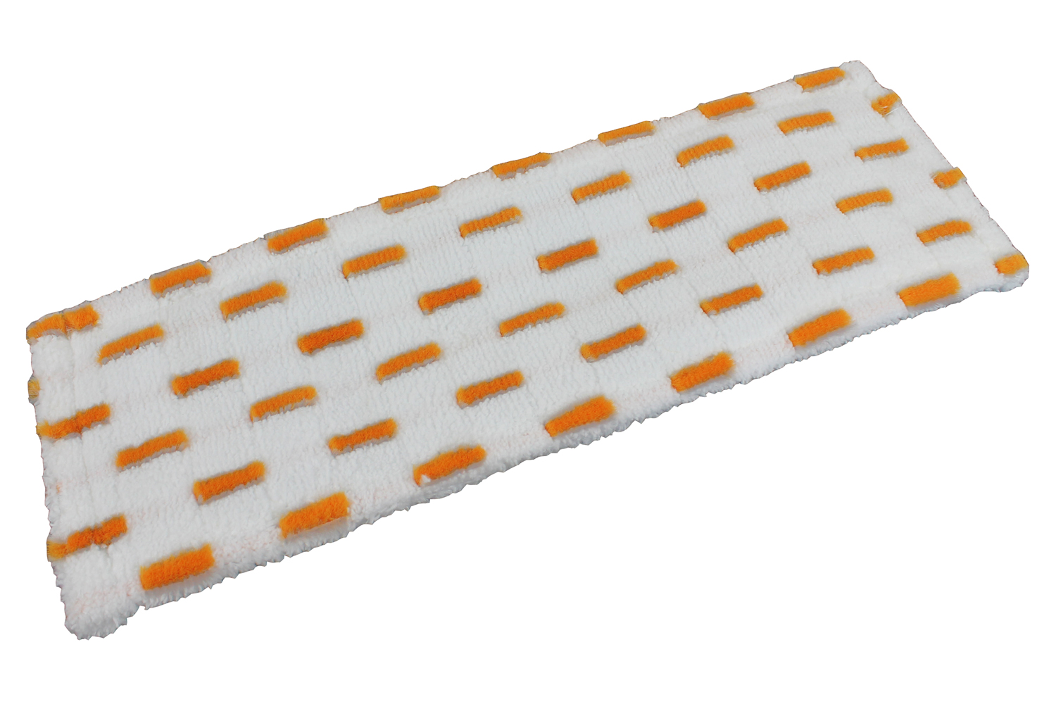 Reinigungsmopp mit weißen und orangefarbenen Streifen. Flauschige Oberfläche. Für Bodenreinigung geeignet.