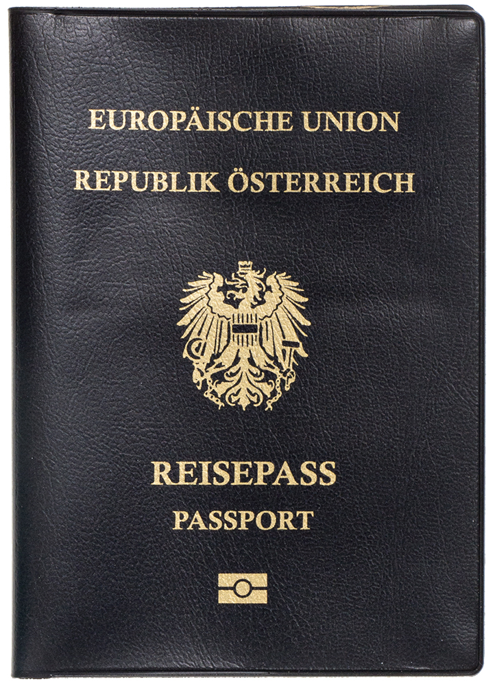 Schwarzer Reisepass mit goldener Schrift. Auf der Vorderseite das Wappen der Republik Österreich.
