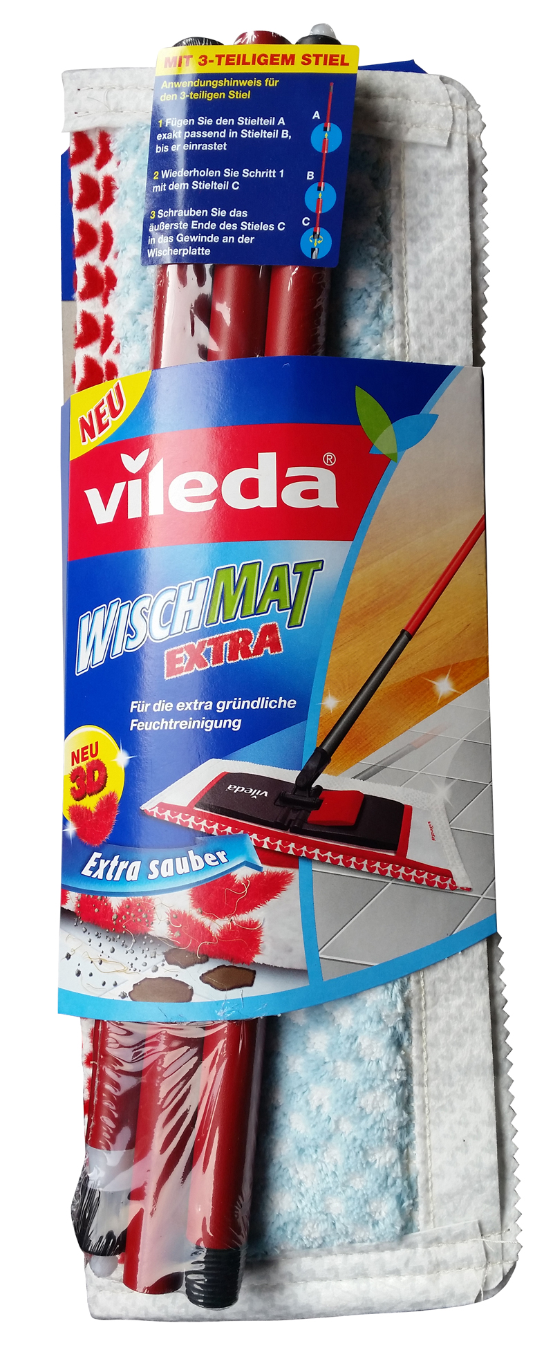 Reinigungsset mit Wischmopp und drei teilbarem Stiel. Verpackung zeigt Anwendungshinweise und Reinigungseffizienz.
