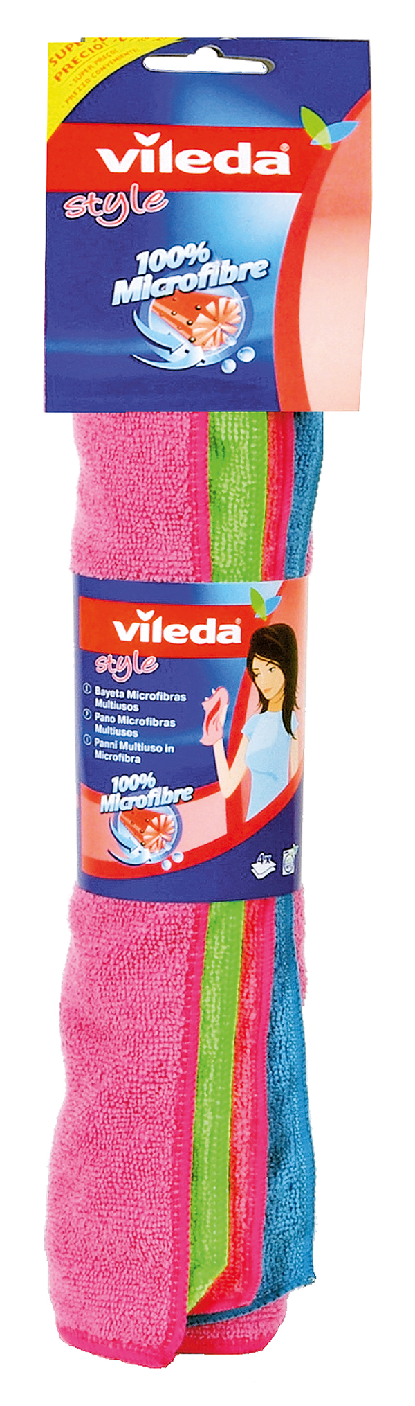 Paket mit Mikrofasertüchern in pink, grün und blau. Geeignet für verschiedene Reinigungsanwendungen.