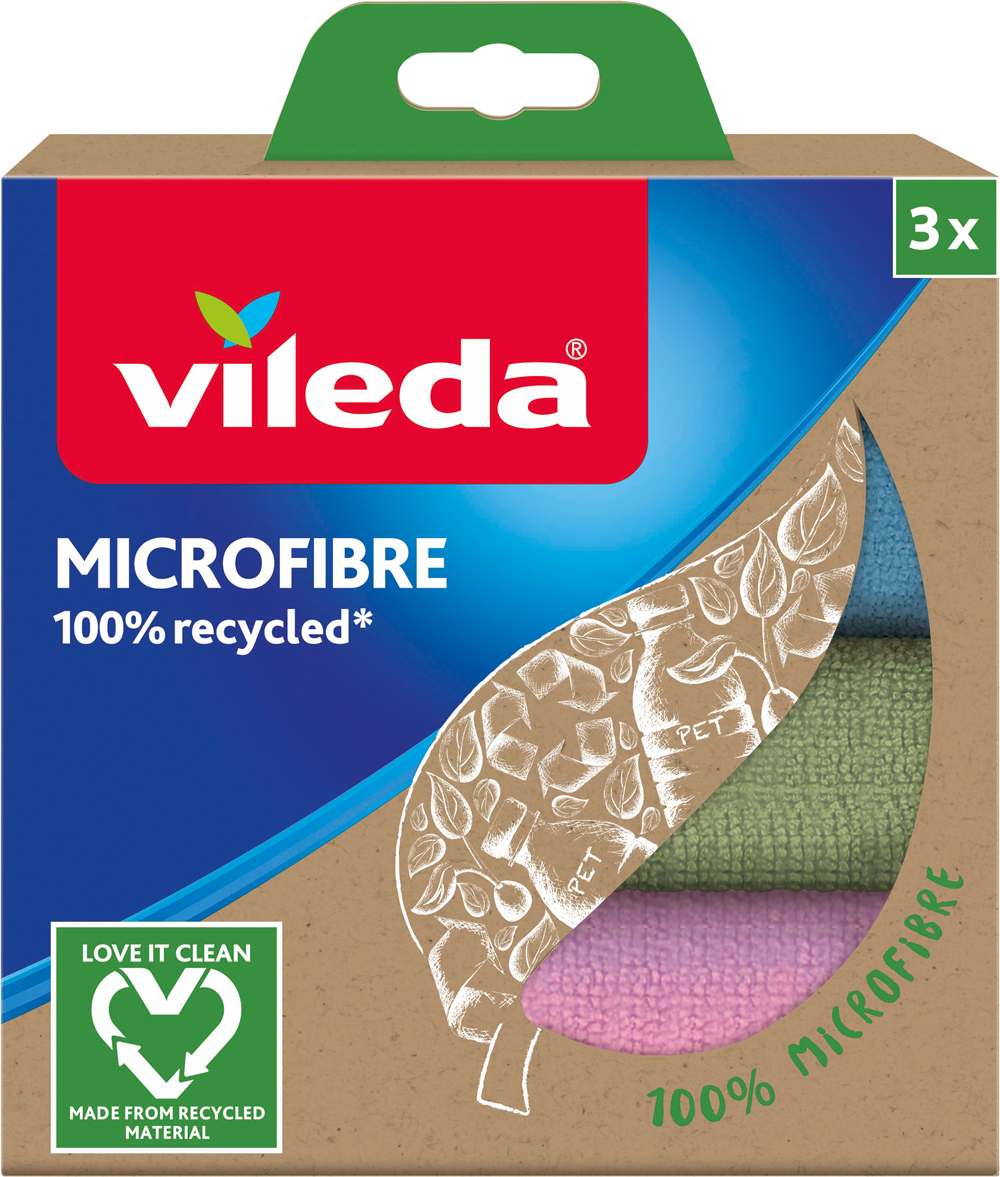 Verpackung mit drei Mikrofasertüchern. Farben: pink, grün, blau. 100% recyceltes Material. Umweltfreundliches Design.