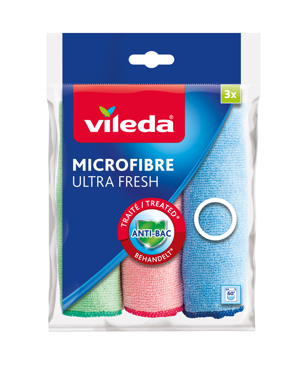 Verpackung mit drei Mikrofasertüchern in verschiedenen Farben: grün, pink, blau. Anti-Bakteriell behandelt. Geeignet für 60 Grad Wäsche.