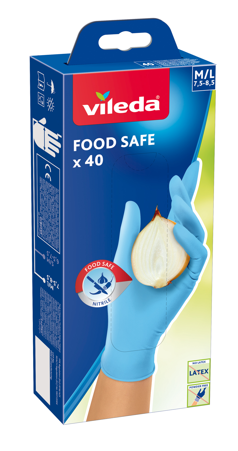 Verpackung von Nitrilhandschuhen in Blau. Geeignet für Lebensmittel, enthält 40 Stück.