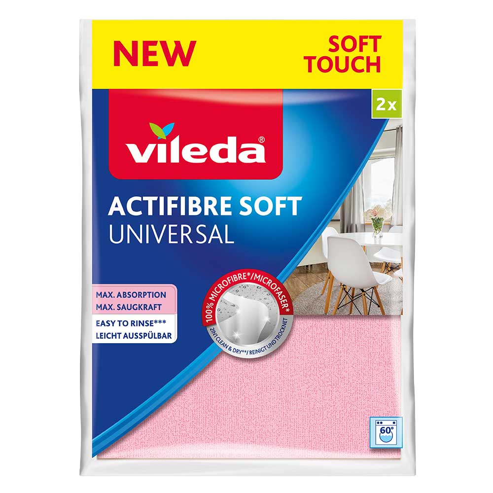 Verpackung mit zwei pinken Mikrofasertüchern. Aufschrift Vileda Actifibre Soft Universal.