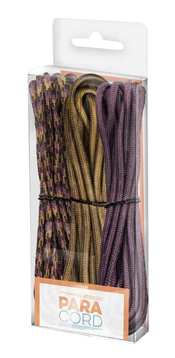 Paket mit vier Paracord-Schnüren in verschiedenen Farben. Zwei Schnüre sind lila und zwei in einem gemusterten Braun.