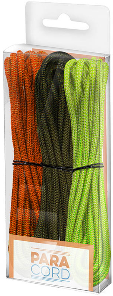 Paket mit zwei Paracord-Schnüren in orange und grün. Die Schnüre sind ordentlich zusammengebunden.