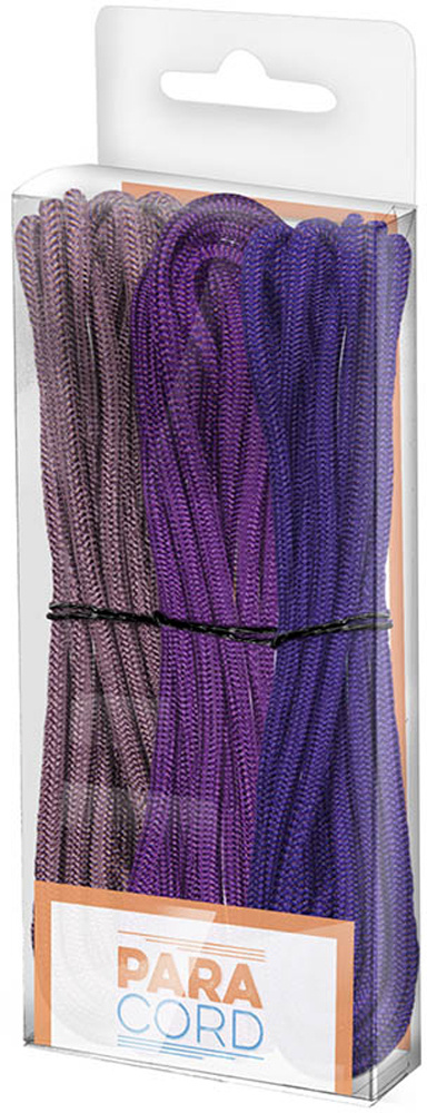 Zwei Paracord-Schnüre in lila und grau. Verpackt in einer transparenten Box.