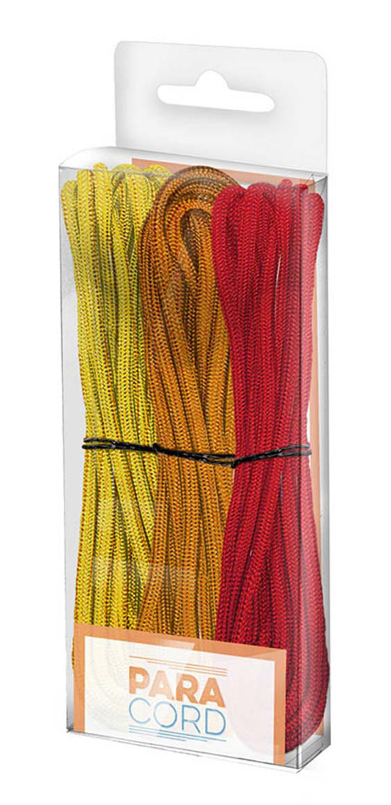 Paket mit drei Paracord-Schnüren in Gelb, Orange und Rot. Die Schnüre sind geflochten und in einer transparenten Verpackung.