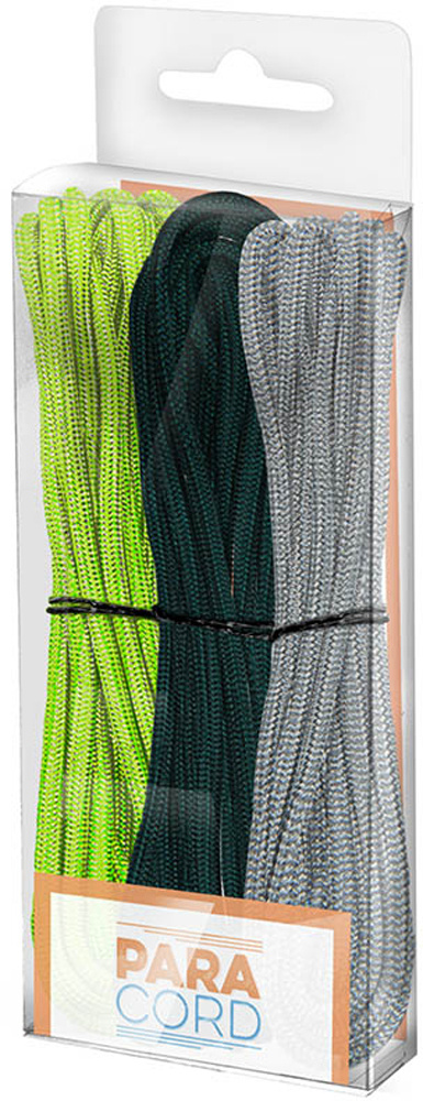 Drei Paracord-Schnüre in verschiedenen Farben. Farben: leuchtendes Grün, Dunkelgrün und Grau.