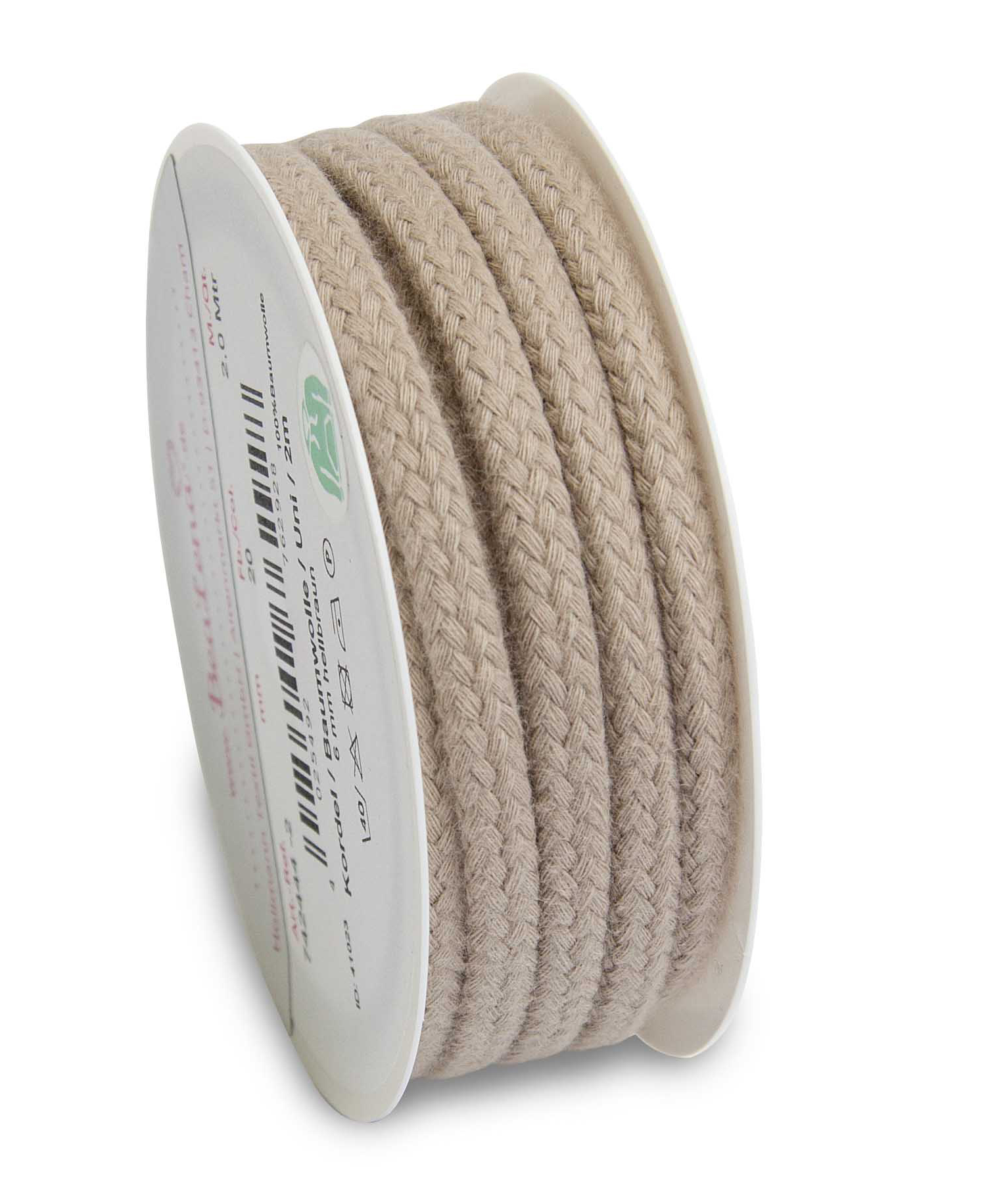 Beige geflochtenes Band auf einer Rolle. Vier Lagen übereinander. Material sieht robust aus.