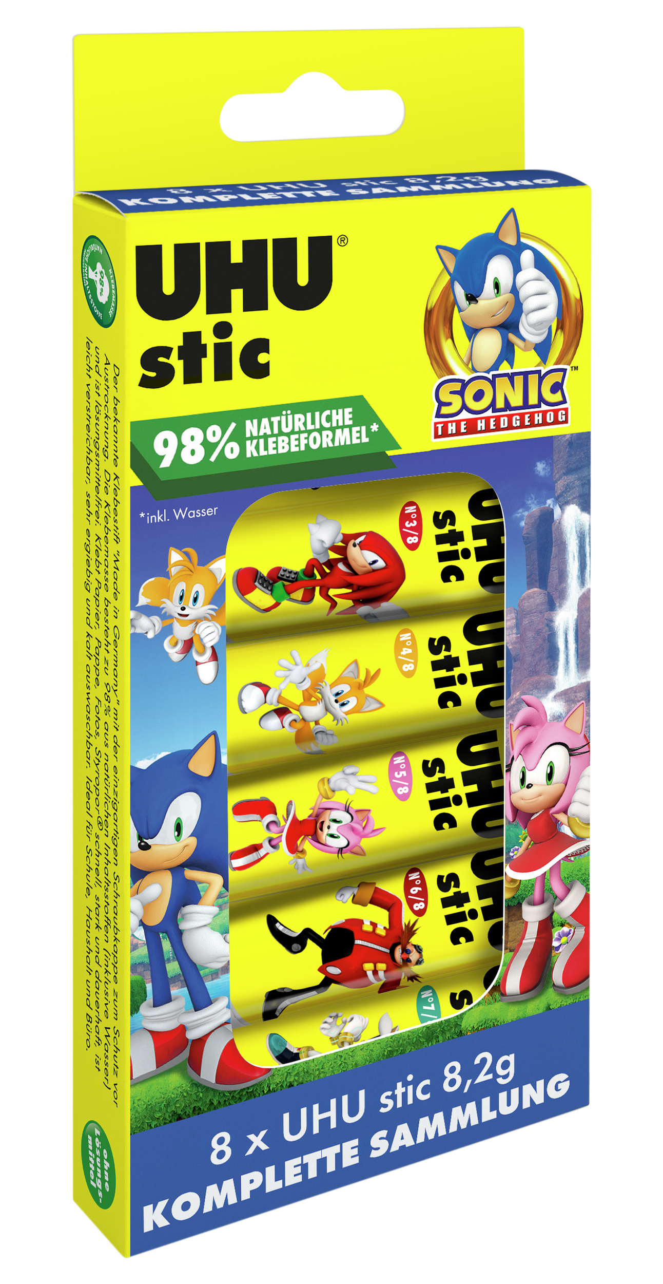 Packung mit 8 UHU Klebestiften. Abgebildete Charaktere aus Sonic the Hedgehog.