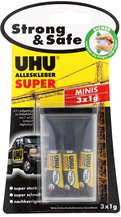 Drei kleine Tuben UHU Superkleber in einer Verpackung. Gelb-schwarzes Design mit Sicherheitsinformationen.