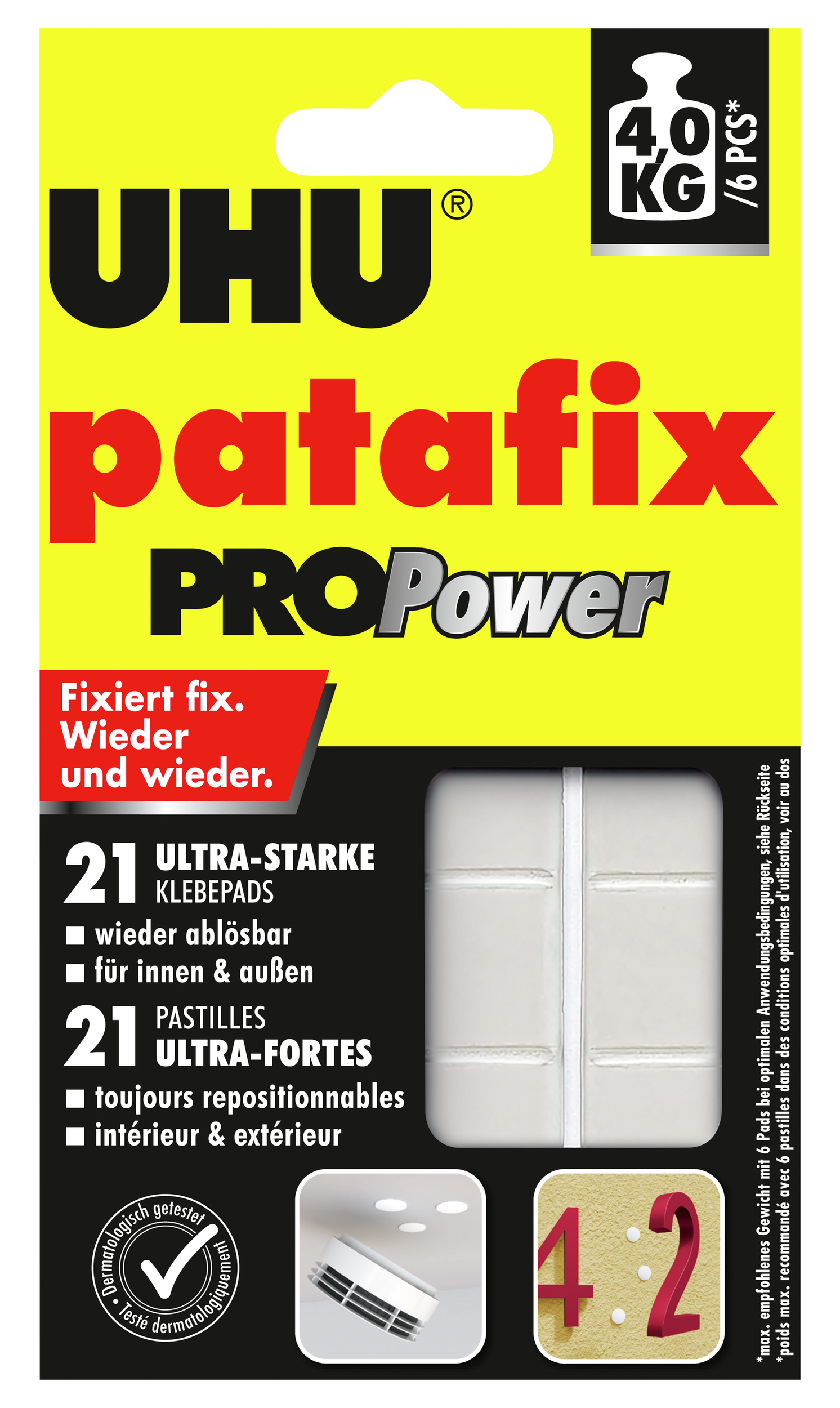 Gelbe Verpackung mit schwarzem und rotem Text. Produktname: UHU patafix PRO Power. Enthält 21 ultra-starke Klebepads. Wiederablösbar, für innen und außen geeignet.
