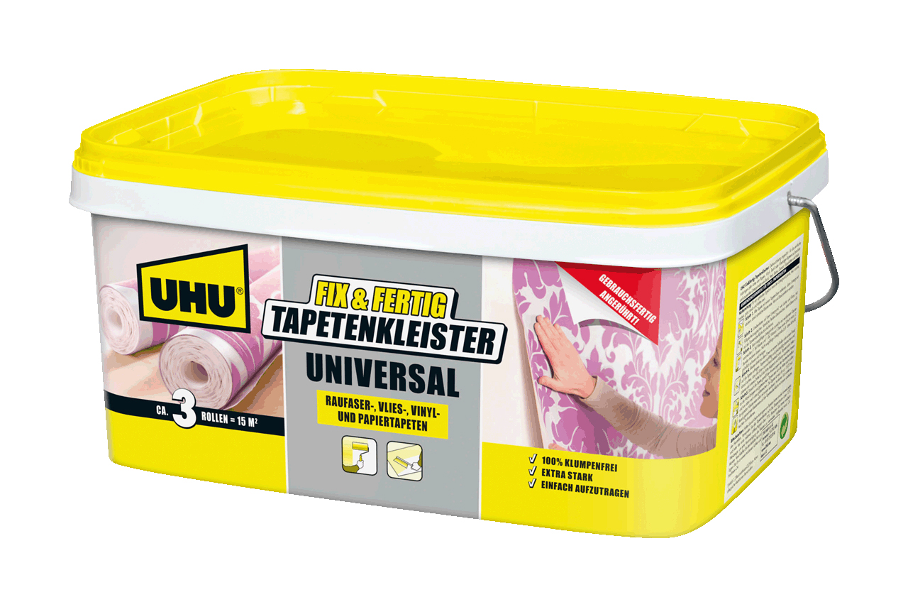 Gelbe Verpackung mit weißem Deckel. Enthält Tapetenkleister für verschiedene Tapetenarten.