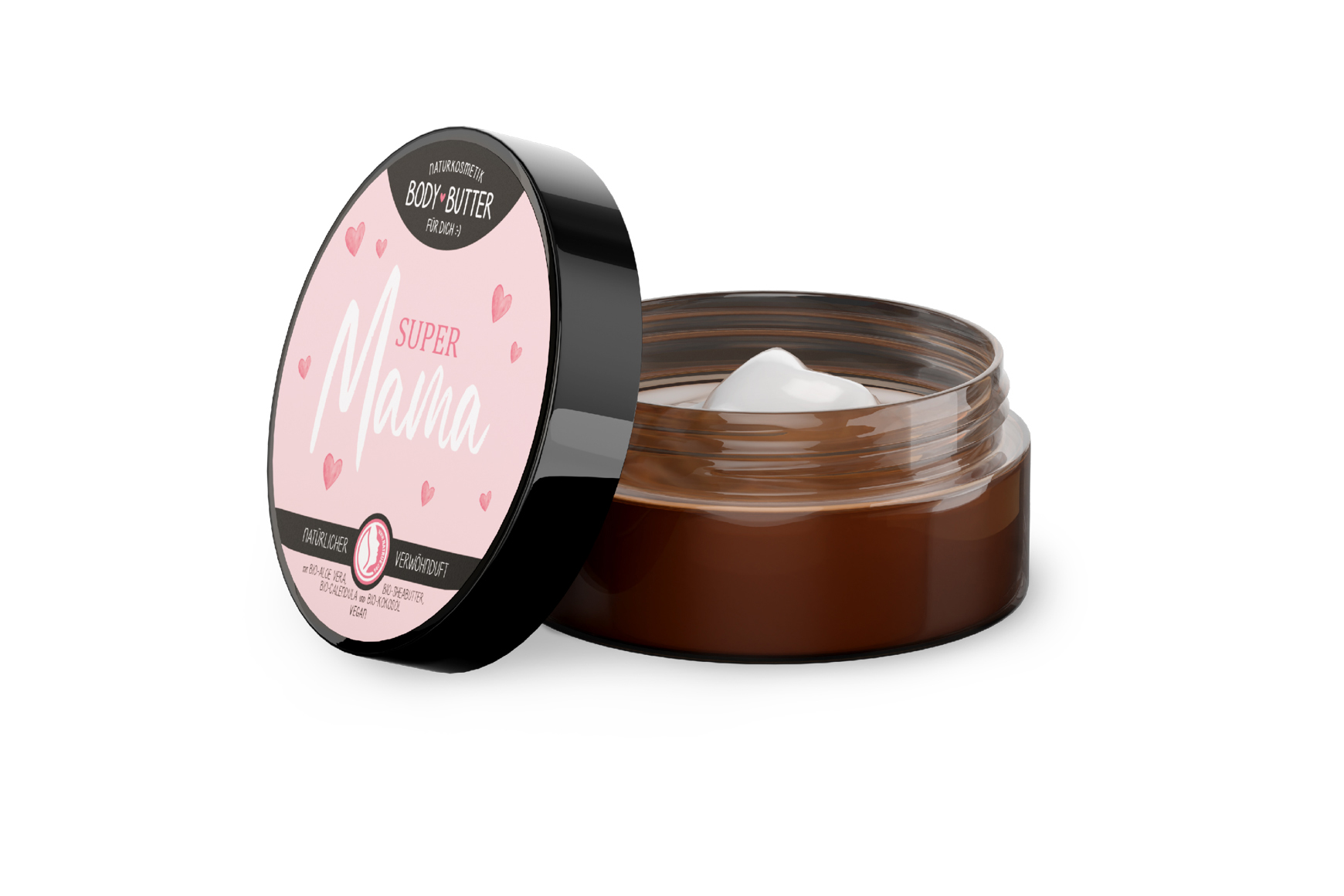 Braune Körperbutter in einem runden Glasbehälter. Deckel mit rosa Etikett und dem Schriftzug 'Super Mama'.