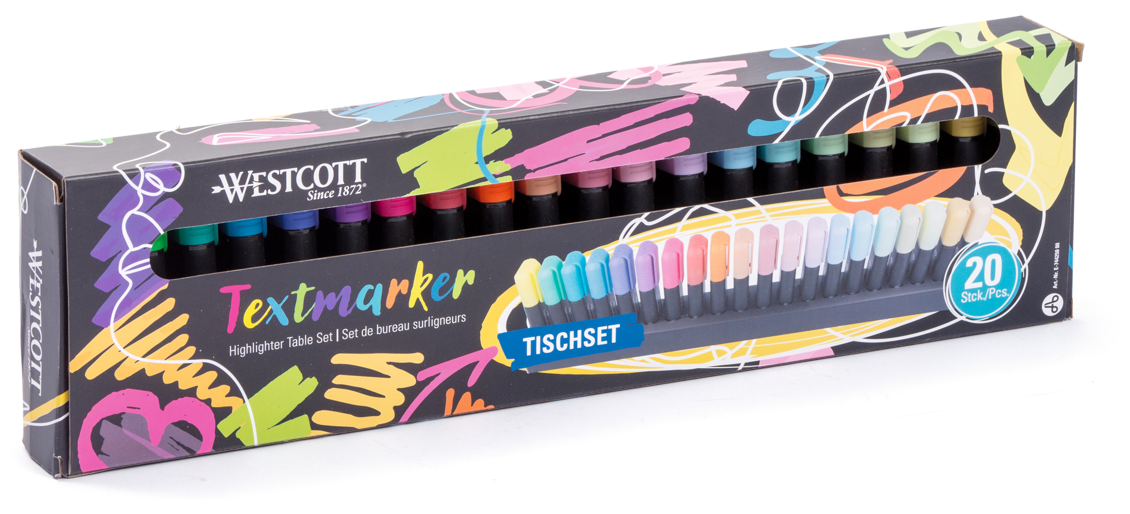 Set mit 20 Textmarkern in verschiedenen Farben. Verpackung mit buntem Design.