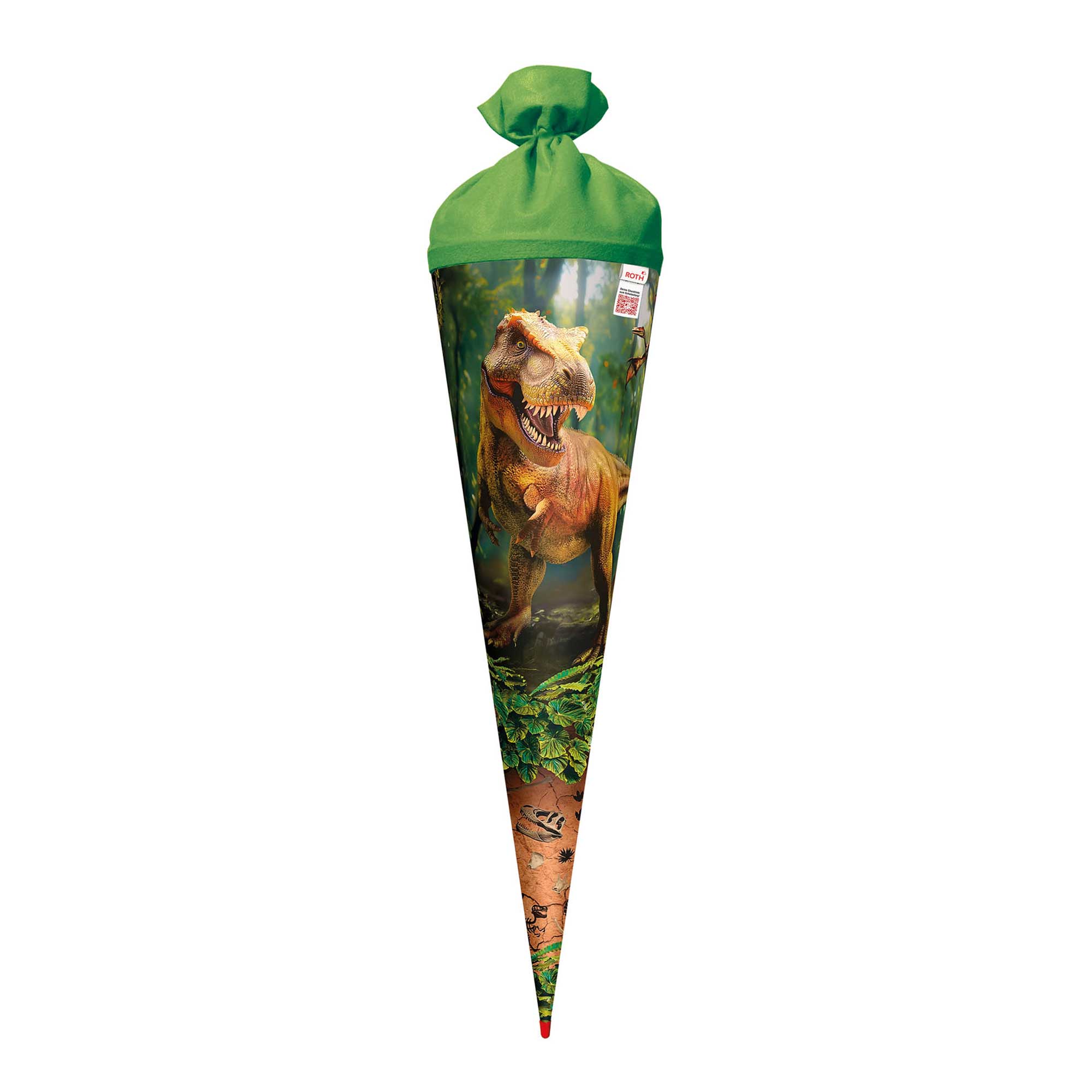 Schultüte in Form eines Kegels mit Dinosauriermotiv. Oben grüne Binde, untere Hälfte mit Pflanzen und Dinos.