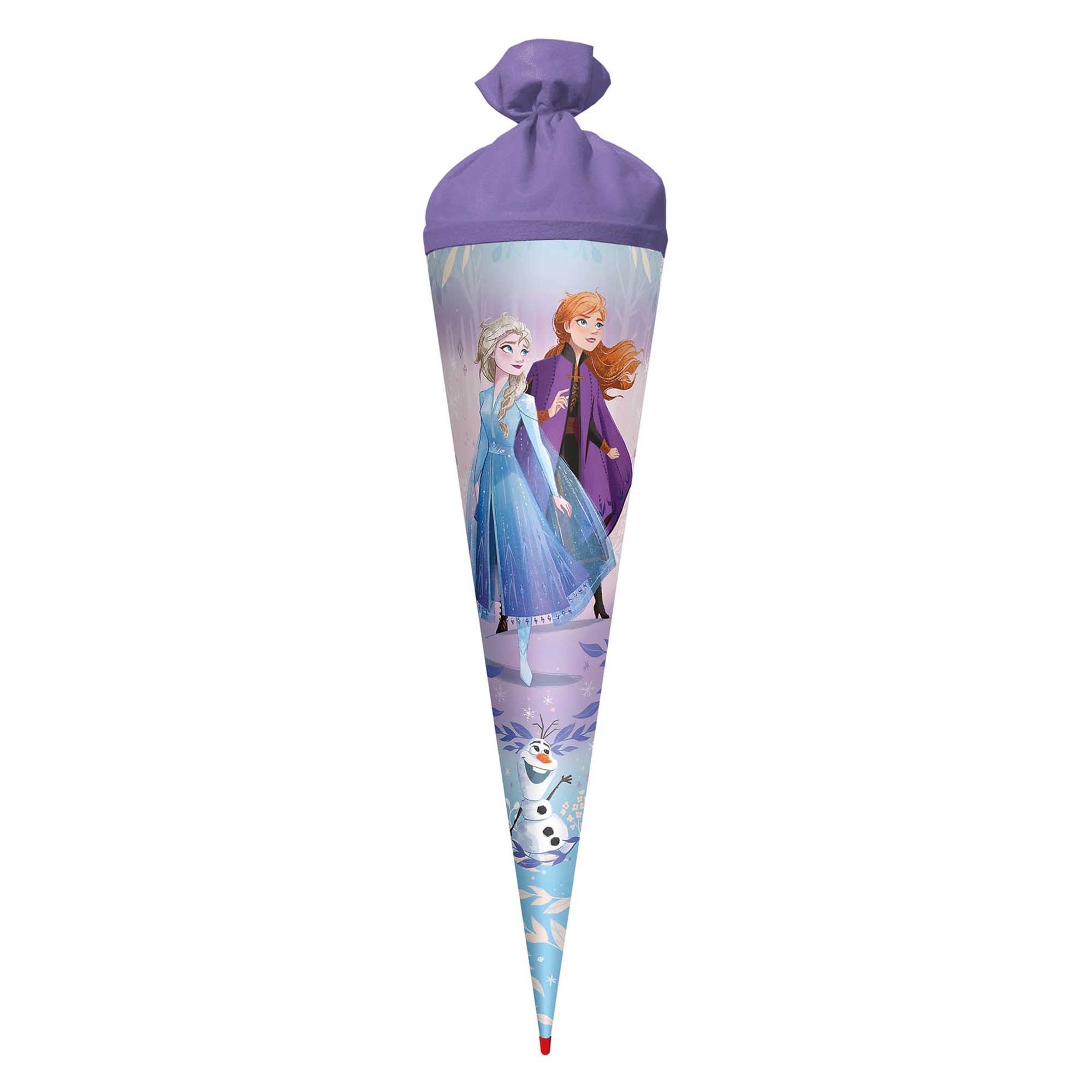 Schultüte mit Elsa und Anna aus Frozen. Lila Oberteil und bunte Unterseite.