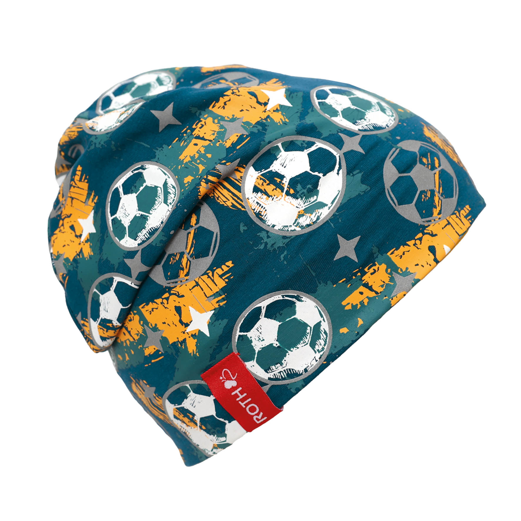 Mütze mit Fußballmotiven in Blau und Orange. Muster zeigt Fußball und Sterne.