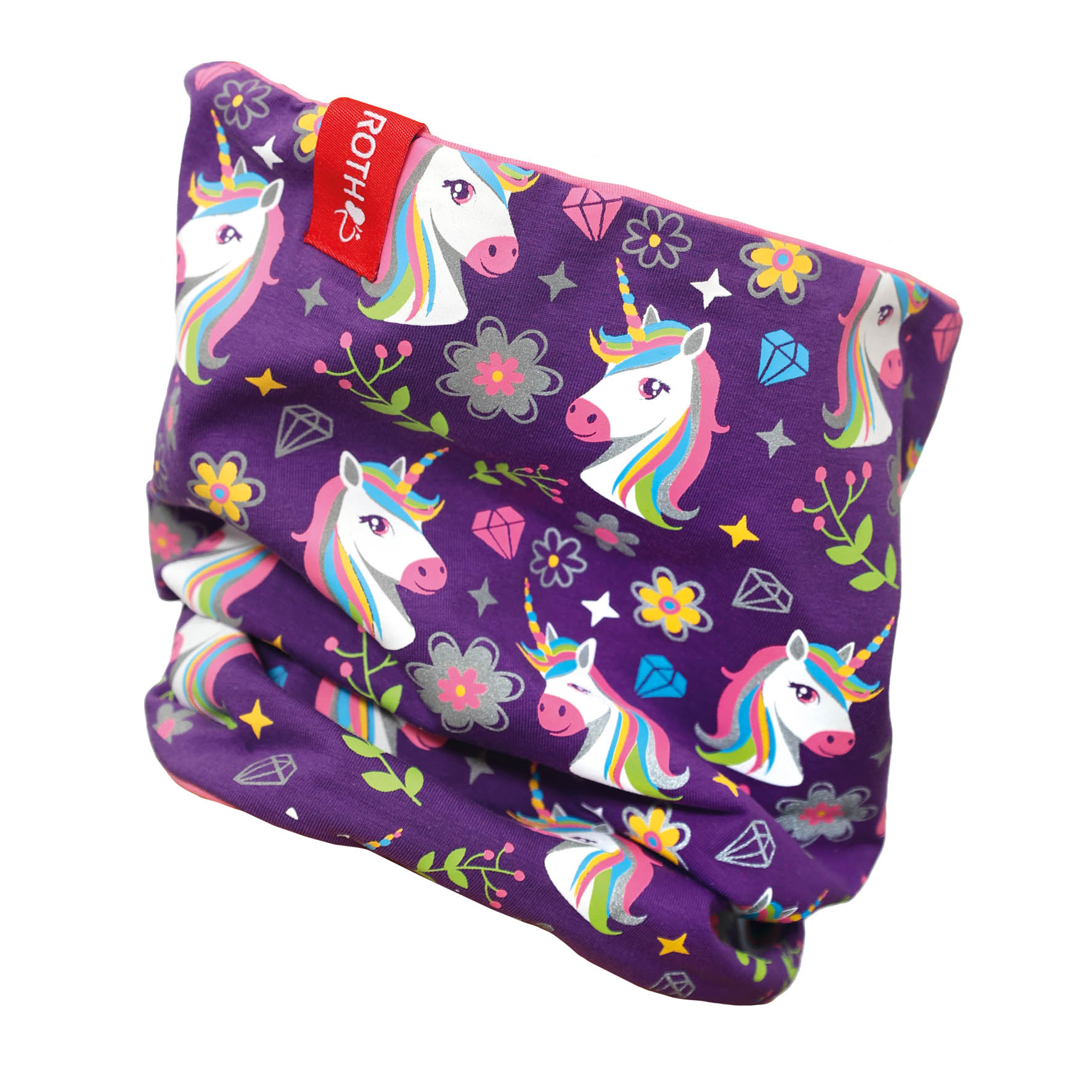 Lila Schlauchschal mit bunten Einhornmotiven. Blumen und Diamanten sind ebenfalls abgebildet.