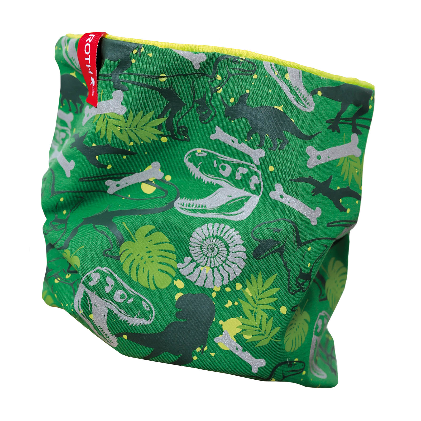 Grüner Schlauchschal mit Dinosaurier-Muster. Enthält verschiedene Dinosaurier und Pflanzen.