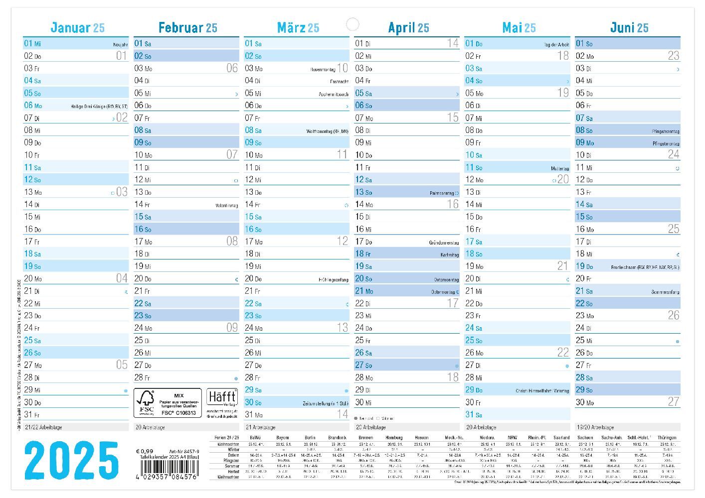 Tafelkalender 2025 A4 [Blau]