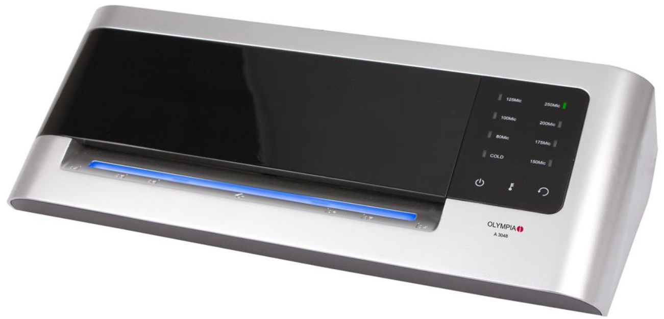 Ein silberner Laminator mit schwarzer Oberfläche. Es gibt mehrere Tasten zur Einstellung der Temperatur.