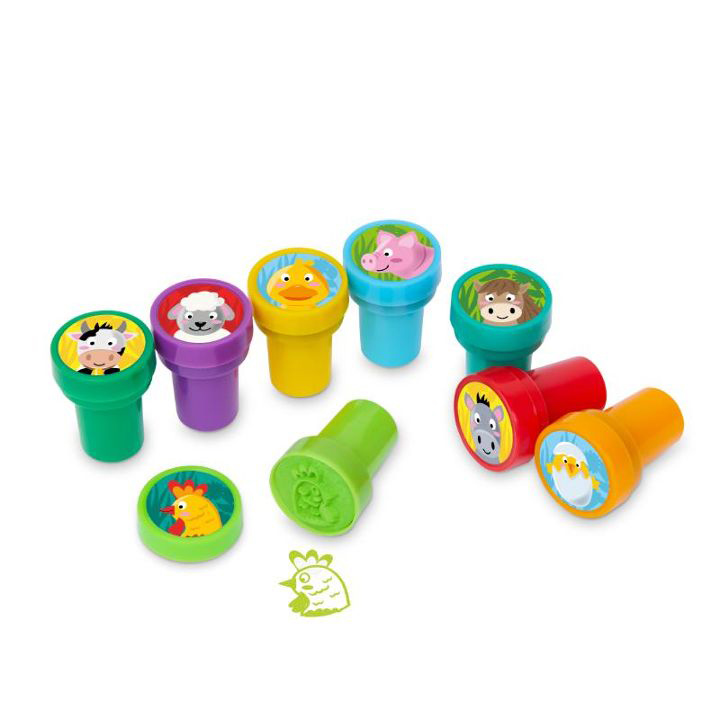 Acht bunte Stempel mit Tiermotiven. Farben sind lila, grün, gelb, rot und orange.