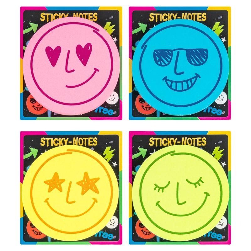 Vier bunte Haftnotizen in verschiedenen Farben. Oben links: rosa mit Herzaugen. Oben rechts: blau mit Sonnenbrille. Unten links: gelb mit Sternenaugen. Unten rechts: grün mit geschlossenen Augen.