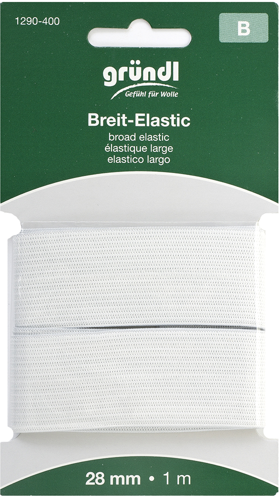 Breit-Elastikband in Weiß. Breite 28 mm, Länge 1 m. Verpackung in grünem Design mit Produktinformationen.