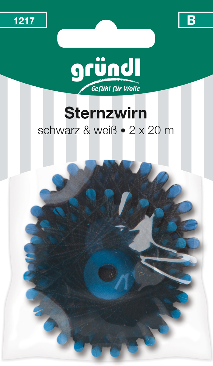 Sternzwirn in schwarz und weiß. Verpackt in transparenter Folie, mit zwei Rollen á 20 Meter.