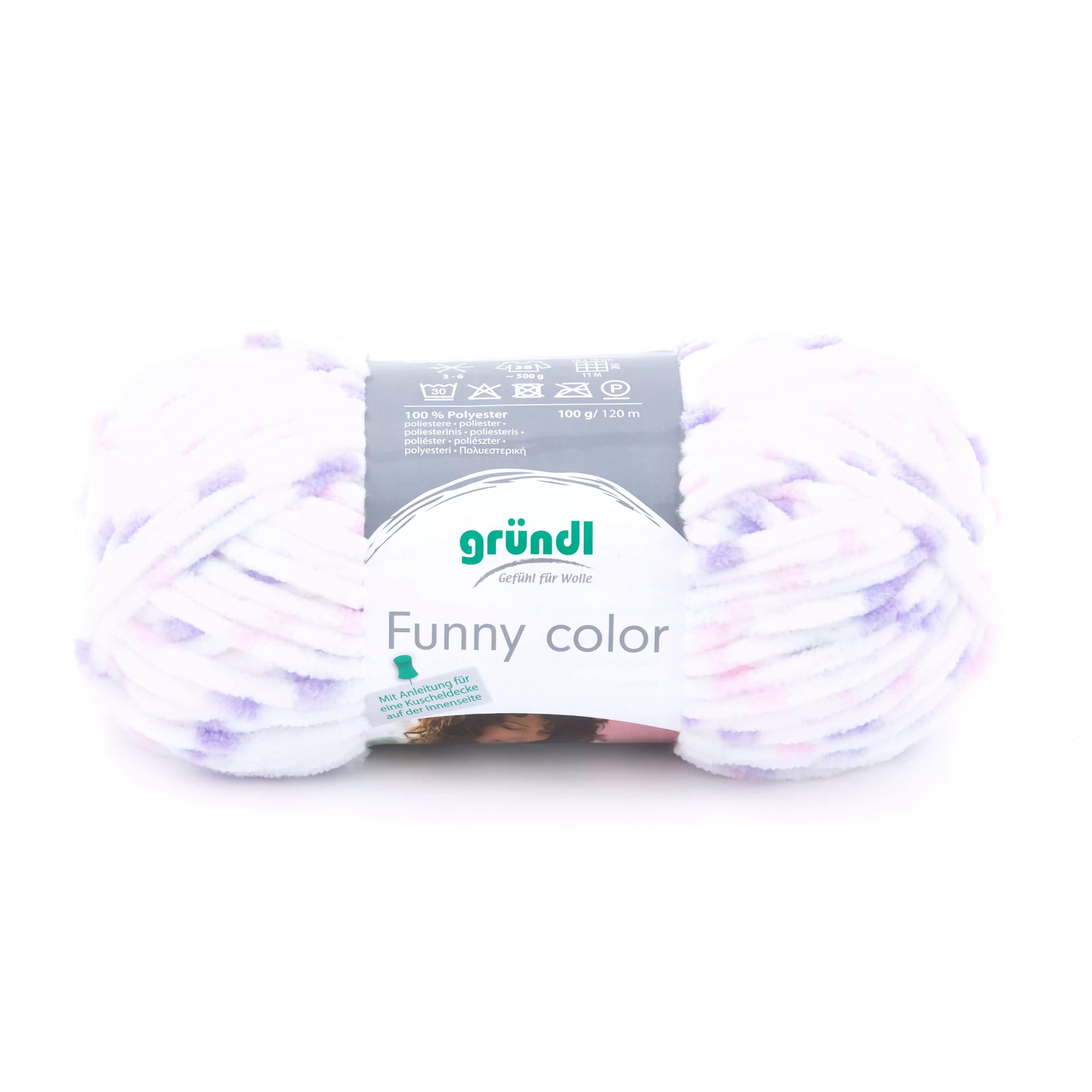 Wollknäuel in pastellfarbenem Design. Hauptsächlich weiß mit lila und rosa Akzenten. 100% Polyester, 100 g, 120 m.
