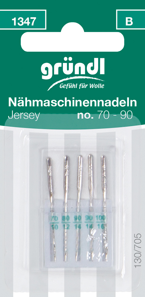 Packung mit Nähmaschinennadeln für Jersey-Stoffe. Enthält Nadeln in den Größen 70 bis 90.