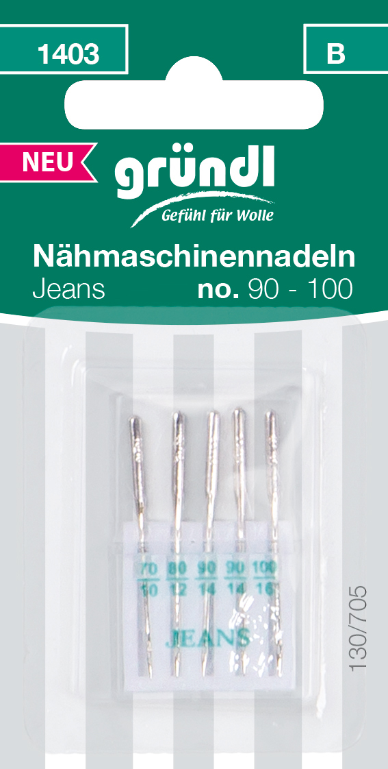 Packung mit Nähmaschinenadeln für Jeansstoffe. Größen 90 bis 100.