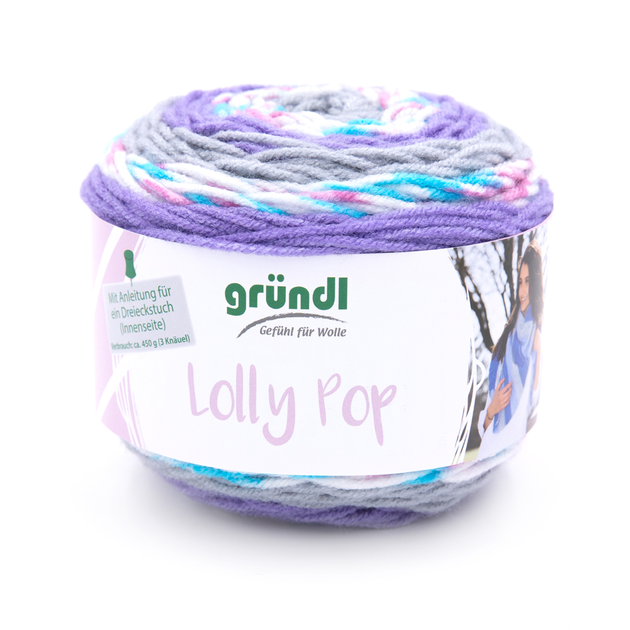 Wollknäuel in lila, grau und pastellfarben. Beschriftung mit dem Namen 'Lolly Pop' und Anleitung für ein Dreieckstuch.