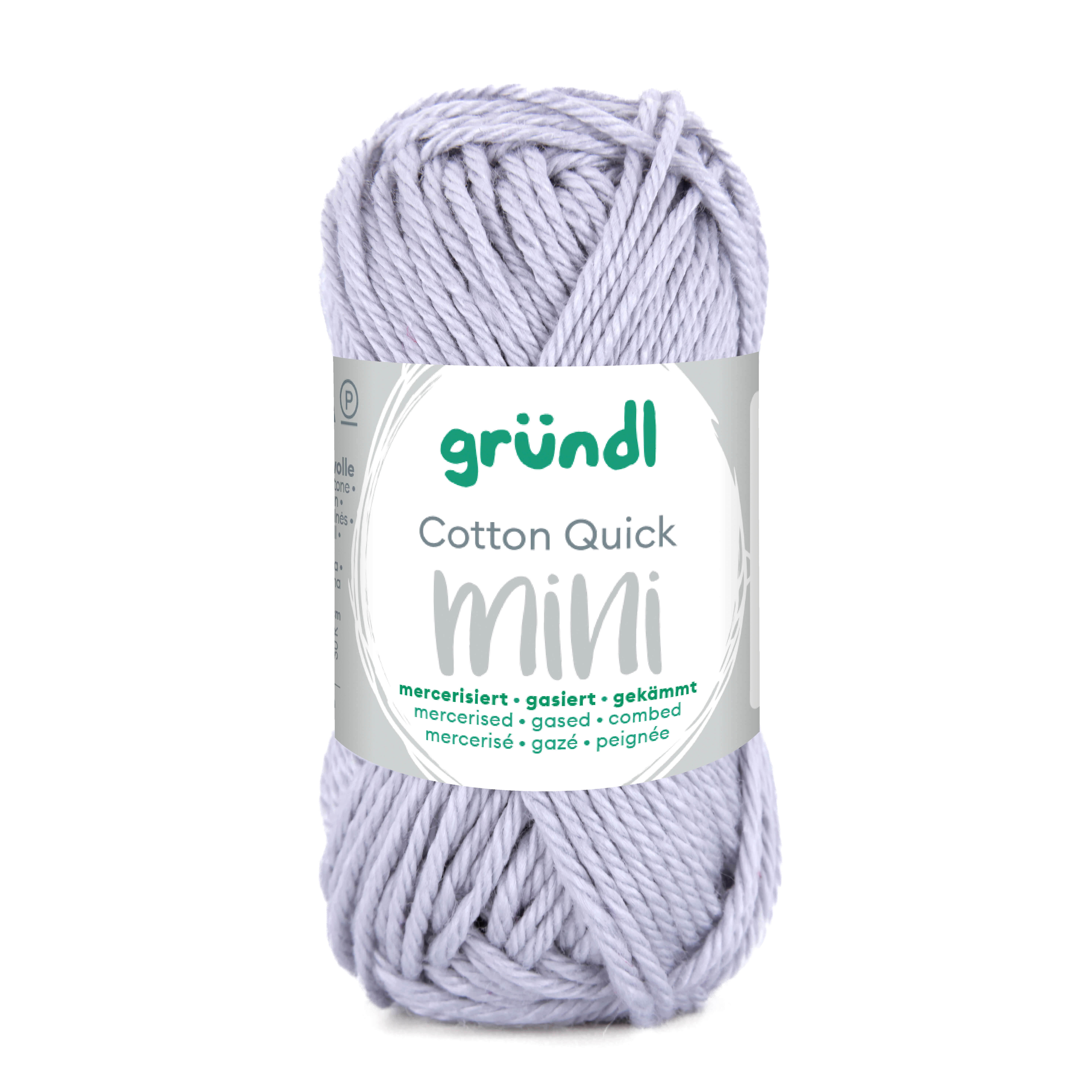 Garn in helllila Farbe, verpackt in einem runden Etikett. Aufschrift 'Cotton Quick mini' sichtbar.