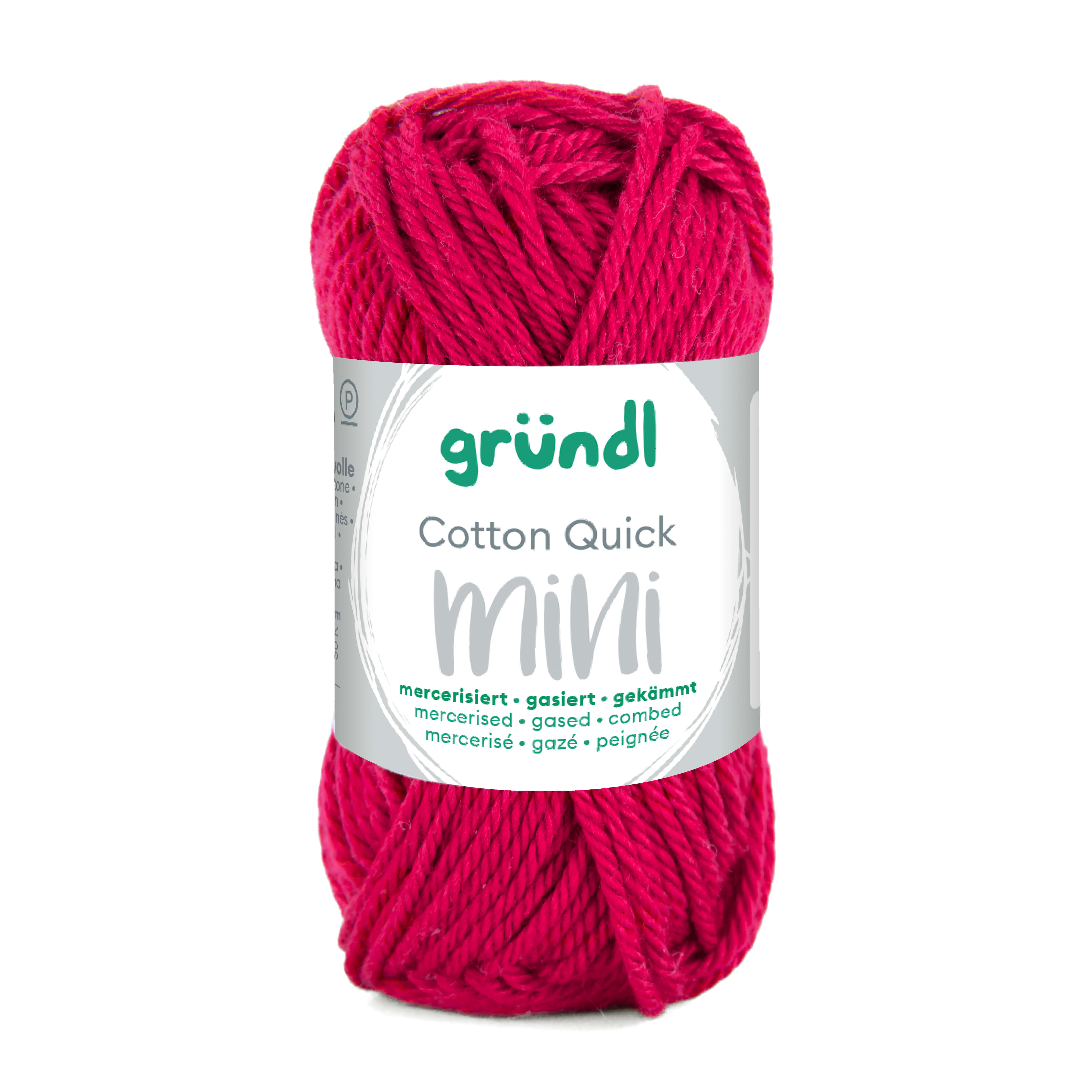 Rosa Garnknäuel mit der Aufschrift 'gründl Cotton Quick mini'. Das Garn hat eine glatte Struktur.