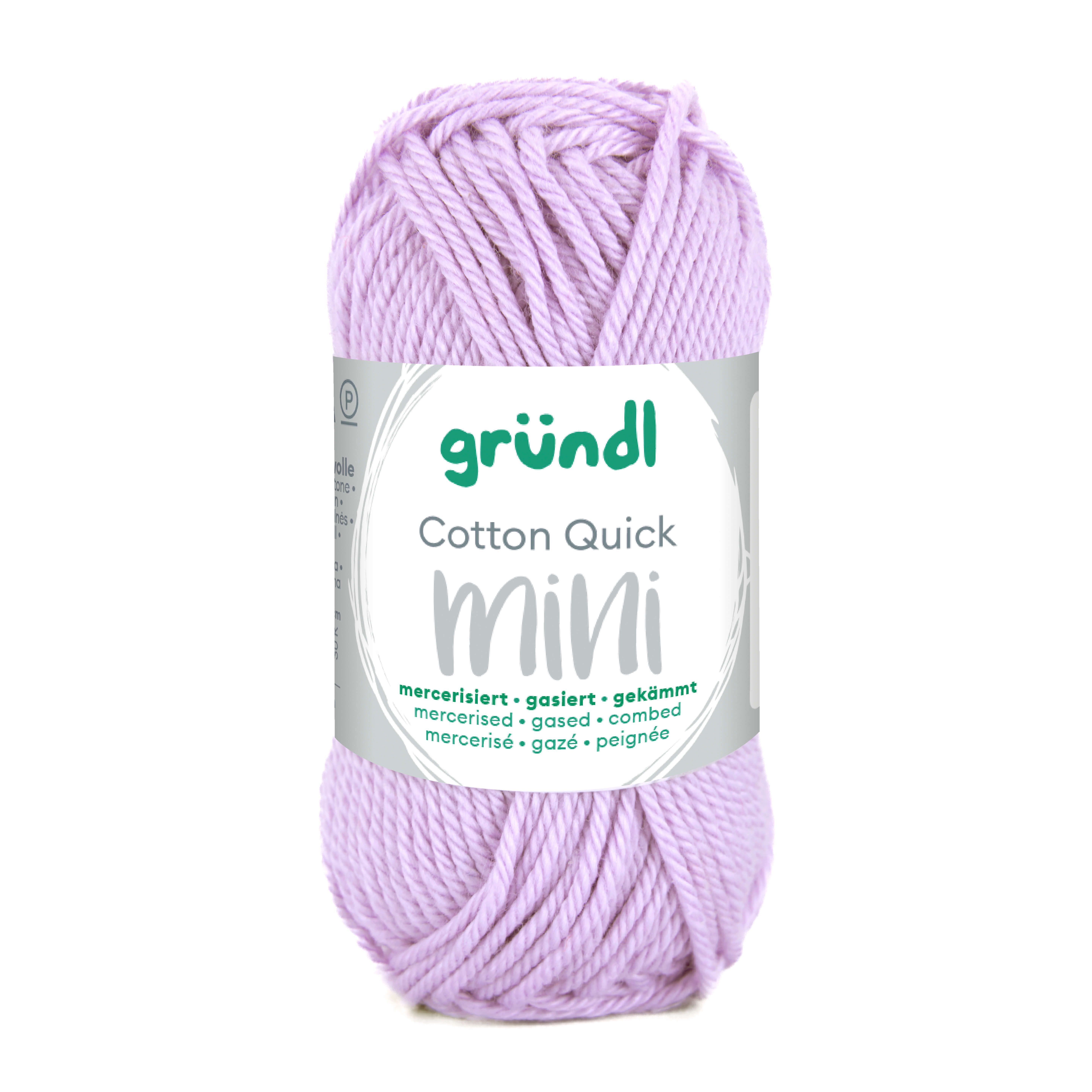 Lila Baumwollgarn in einem kompakten Knäuel. Etikett mit Produktinformationen. Weiche, glatte Textur.