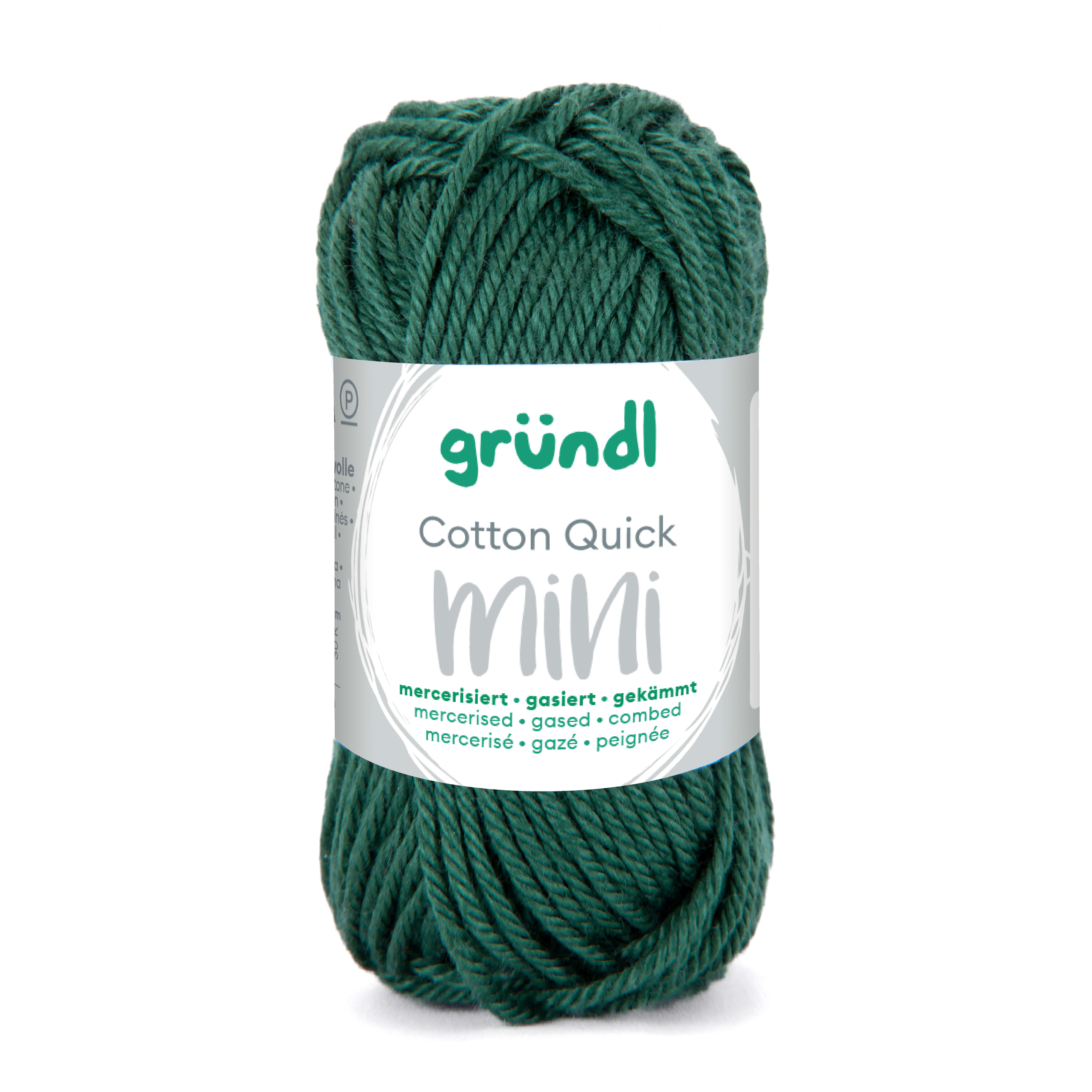 Grünes Garn in einem Knäuel. Marke: gründl. Bezeichnung: Cotton Quick mini. Glatte, mercerisierte Oberfläche.
