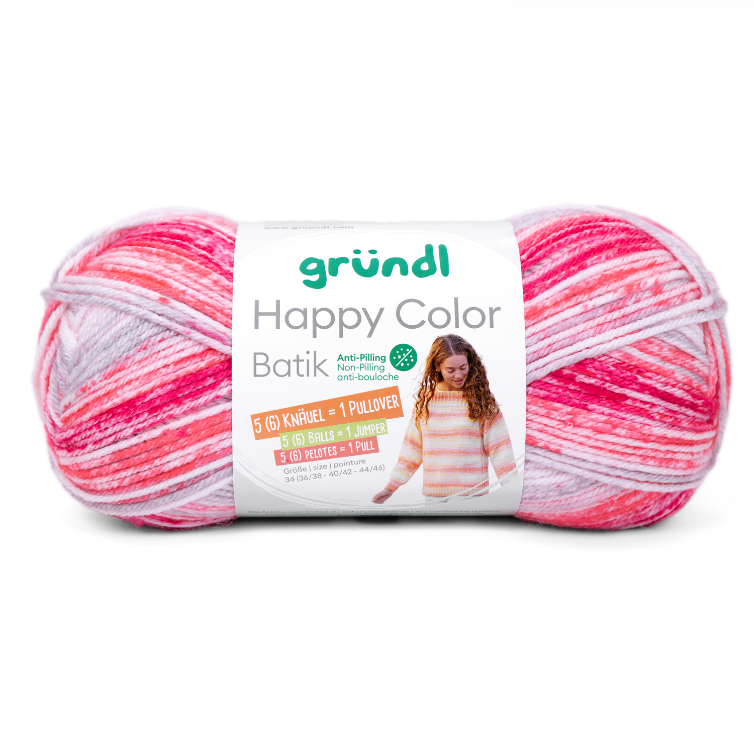 Wollknäuel in Pink- und Lilatönen. Anti-Pilling, geeignet für Pullover. Verpackung zeigt ein Mädchen in einem gestreiften Pullover.