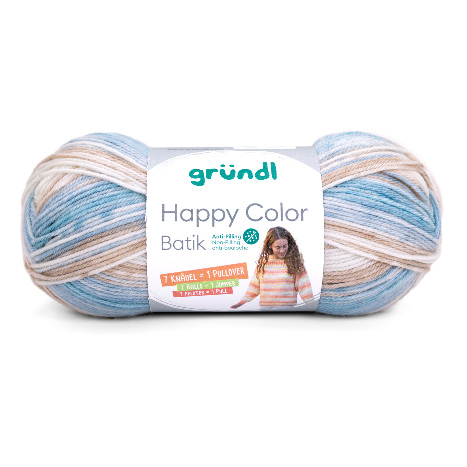 Wolle in sanften Blau- und Beigetönen. Verpackt in einem runden Knäuel. Hinweis auf Anti-Pilling. Für einen Pullover sind 7 Knäuel nötig.