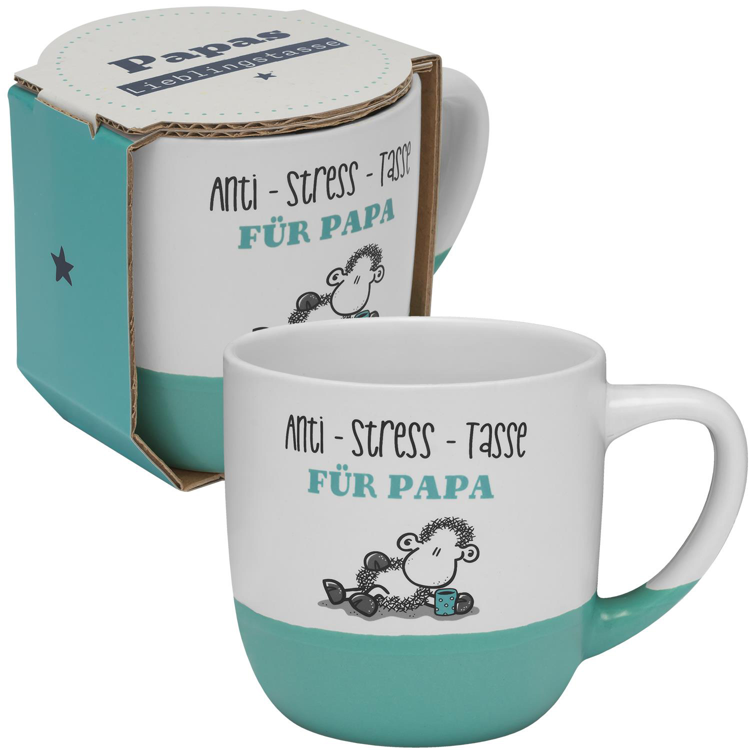Tasse mit blauem unteren Teil und weißem oberen Teil. Auf der Tasse steht 'Anti - Stress - Tasse für Papa' mit einer Zeichnung eines schlafenden Schafes.