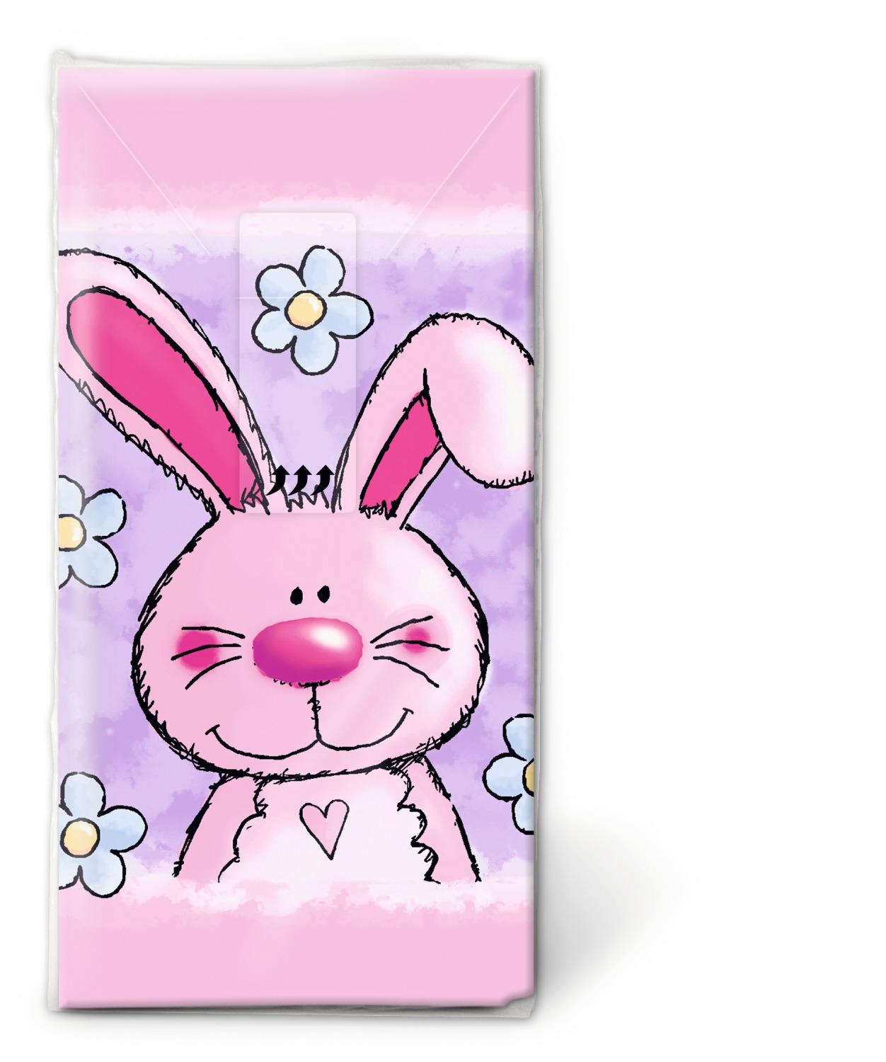 Verpackung mit einem pinken Hasen und blauen Blumen. Der Hase hat große Ohren und ein Herz auf der Brust.
