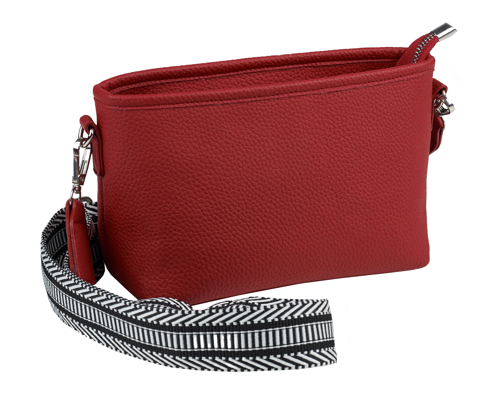 Rote Handtasche aus strukturiertem Material. Mit einem gestreiften Trageriemen.