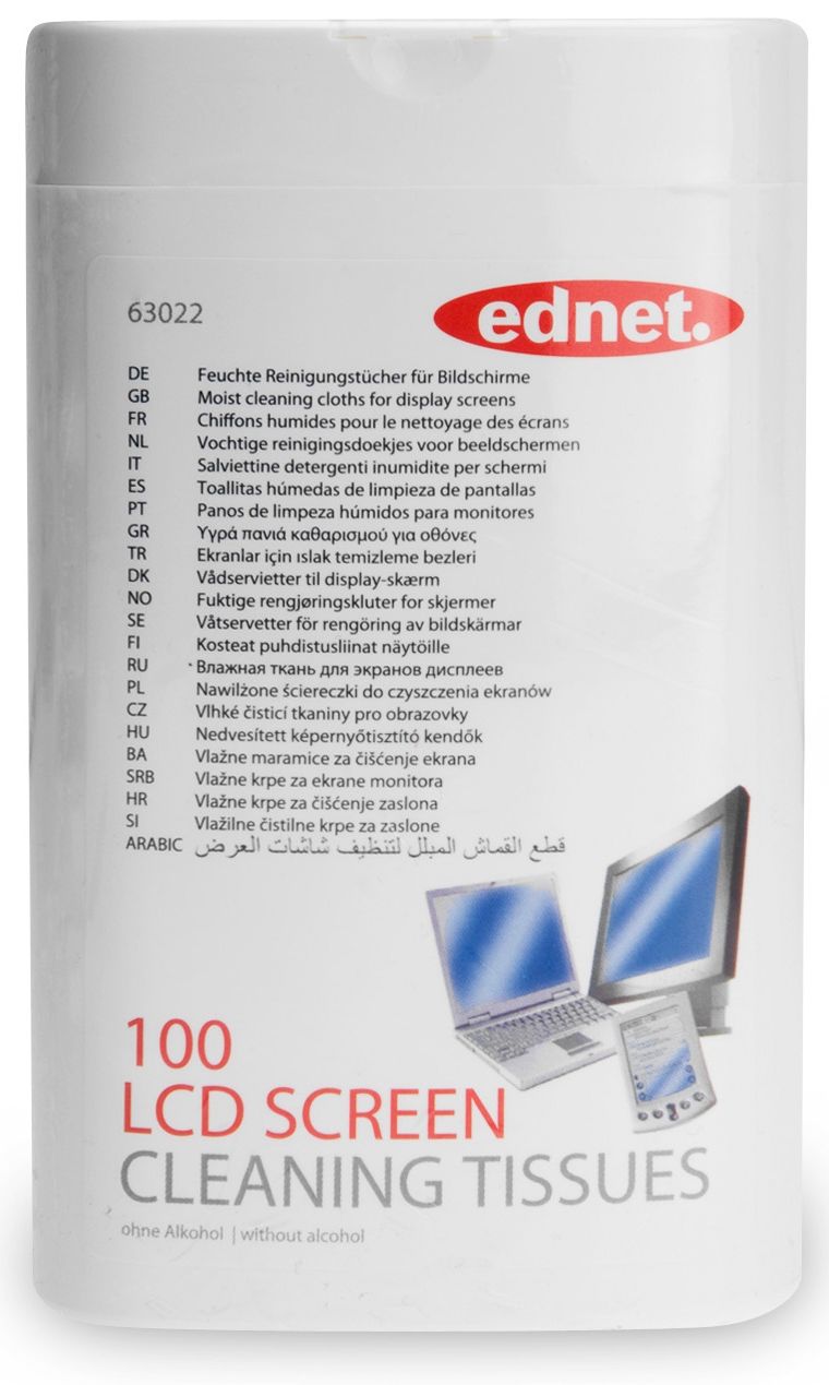 Runde Dose mit feuchten Reinigungstüchern. Beschriftung in mehreren Sprachen. 100 Tücher für LCD-Bildschirme. Ohne Alkohol.