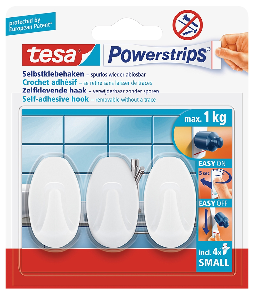 tesa Powerstrips selbstklebende Haken Small, oval, weiß, für max. 1kg, wieder ablösbar, 3 Stk. 